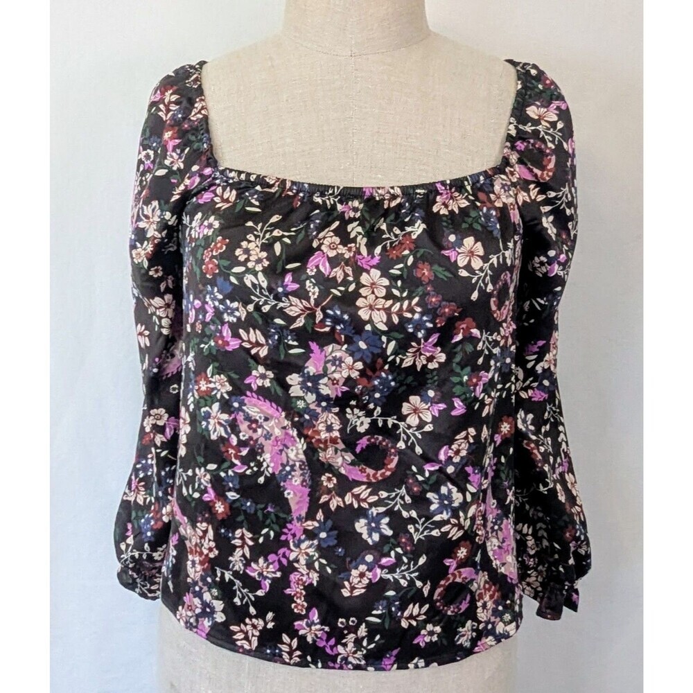 NWT True Craft XL Black Floral Square Neck Puff Sleeve Blouse Stretch